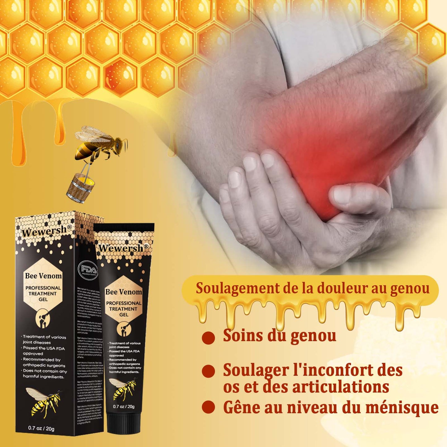 🐝Wewersh® Gel de soulagement des articulations à base de venin d'abeille de Nouvelle-Zélande（Extrait d'abeille de Nouvelle-Zélande - Spécialisé dans le traitement des affections orthopédiques et des douleurs arthritiques）